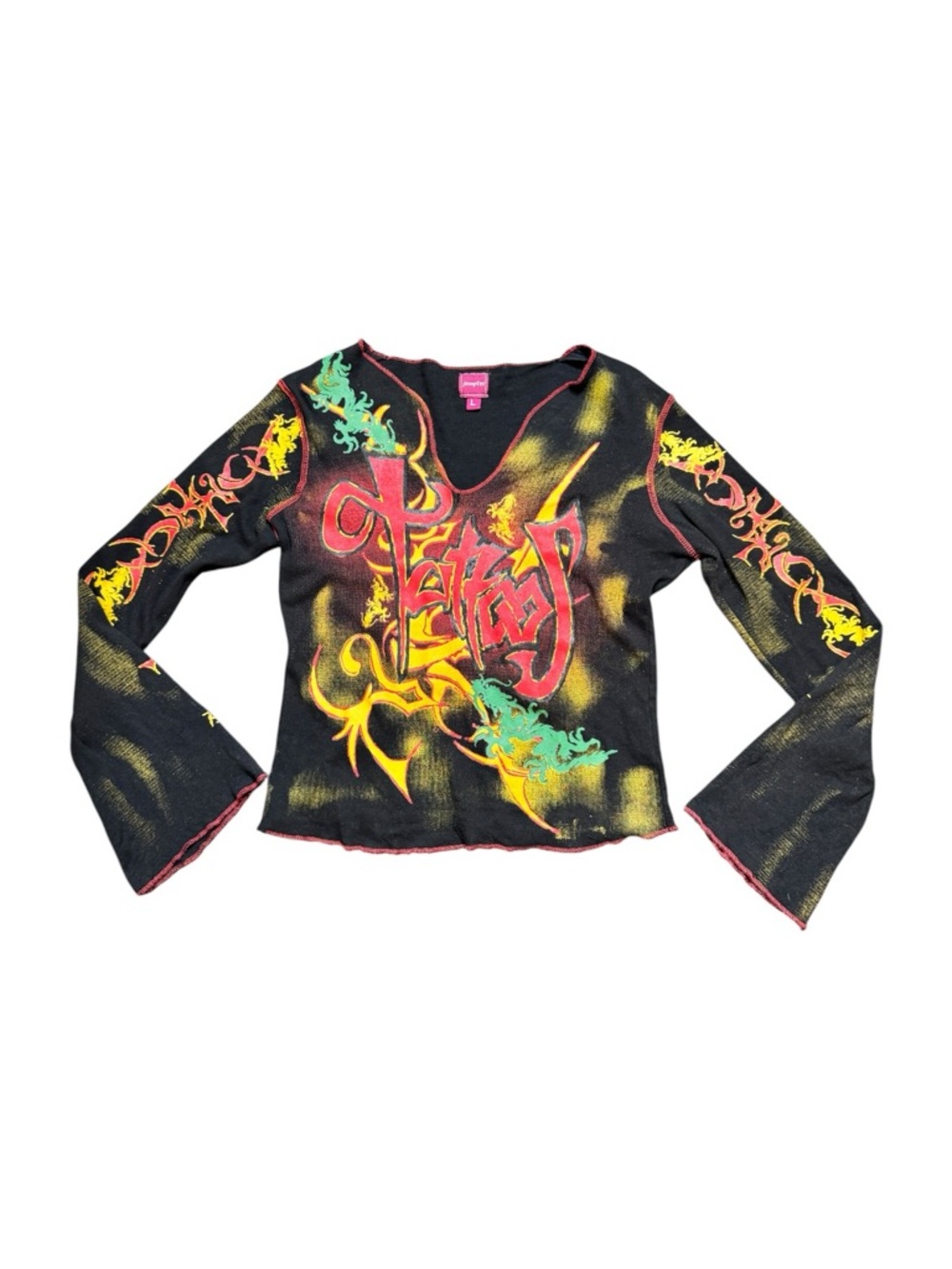 Y2K Jennyfer Black Tattoo Style Black Graphic Long-Sleeve Women's Top Size Large